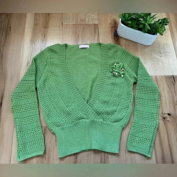 Vintage Green Knit Crochet Cropped Sweater Deep V-neck - Picture 10 of 10